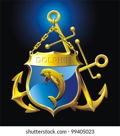 Vector illustration with two anchors, shield, dolphin and chain.