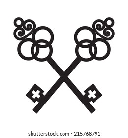 Vector illustration of two ancient crossed black keys on white background