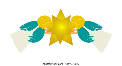 Vector illustration of two angels carrying a shining golden star on a Christmas tree.