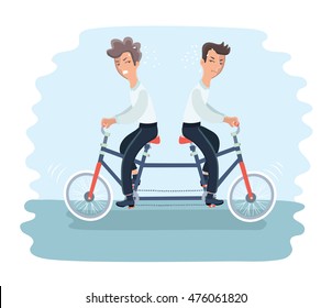 Vector illustration of two angry men riding on tandem  bicycle on different direction. Graphic concept of controversy and conflict in team
