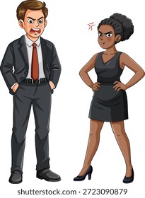 Vector illustration of two angry professionals arguing, formal office clothing, white background, cartoon style
