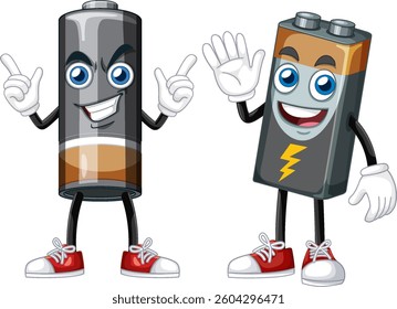 Vector illustration of two animated battery characters with expressive faces, vibrant colors, and playful poses, ideal for educational content