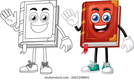 Vector illustration of two animated book characters, one colored and one outlined, with expressive faces and playful poses