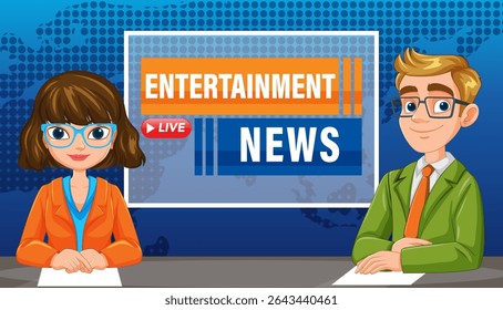 Vector illustration of two animated news anchors presenting entertainment news. Bright colors and modern design enhance visual appeal