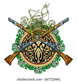 Vector illustration, two antique flintlock guns. Decorated background with stylistic carvings and floral ornaments. Template for print, tattoos