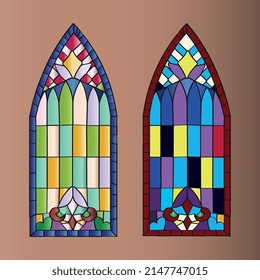 vector illustration of two antique stained glass windows made of multicolored pieces of glass