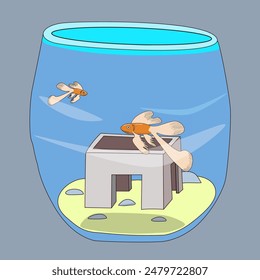 Vector illustration of two aquarium fish in a round aquarium. Round aquarium with sand on the bottom and decoration. Fish, aquarium.