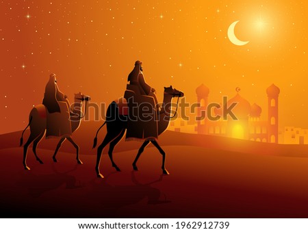 Vector illustration of two Arab men riding camels in the desert, night landscape for Ramadan and Islamic theme