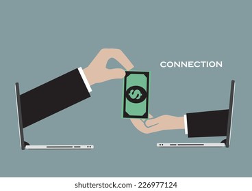 Vector illustration of two arms coming out of wireless laptops for monetary exchange. Concept for e-commerce.