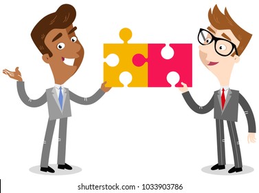 Vector illustration of two asian and caucasian cartoon business people holding jigsaw puzzle pieces isolated on white background