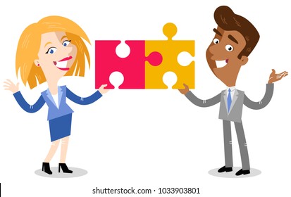 Vector illustration of two asian and caucasian cartoon business people putting together jigsaw puzzle pieces isolated on white background