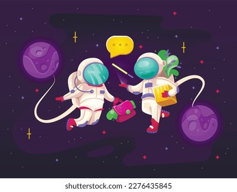Vector illustration two astronauts communicate in space.