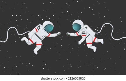 Vector illustration. Two astronauts reaching to each other in space. Romantic scene, connection, Dark space with stars in the background.