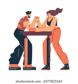 Vector illustration of two athletes engaged in arm wrestling, which depicts muscular characters a guy and a girl demonstrating strength and endurance.