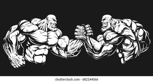 Vector illustration, two athletes engaged in armwrestling, fighting on hands