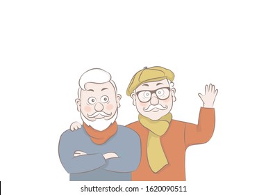 Vector illustration two attractive old men,old people stand in different positions,cartoon design.