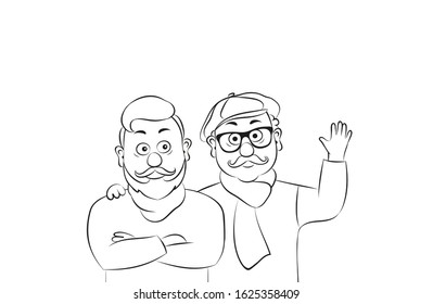Vector illustration two attractive old men,old people stand in different positions.Linear silhouette on a white background.