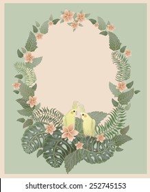 Vector illustration of two Australian parrot couple, wreath from tropical foliage and flowers  on beige and mint green background