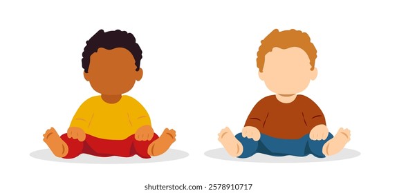 Vector illustration of two babies sitting side by side in casual attire on a simple background