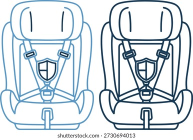 Vector illustration of two baby car seats in blue outline on white background with safety harnesses
