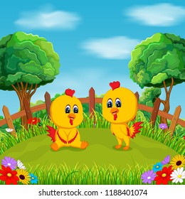 vector illustration of two baby chicken playing In the green field under the beautiful blue sky
