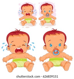 Vector illustration two baby in diapers - one cries, the other sucks a pacifier