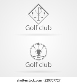 Vector illustration of two badge for golf club. Abstract vector illustration of monochrome gray circle and rhombus emblems with silhouette equipment for golf and words Golf Club.Logo.