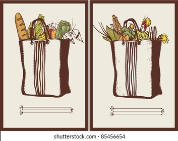 vector illustration of two  bags with organic healthy food, plants,vegetables and flowers