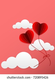 Vector illustration of two balloons in shape heart have tie together float on pink cloud and sky background. Concept of love and valentine day, paper art style.