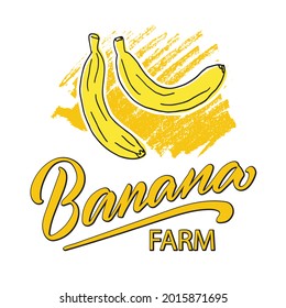 Vector illustration of two bananas with black and yellow handwritten text for banner, poster, menu, signage, advertisement, card, package design. Creative lettering for web design or print
