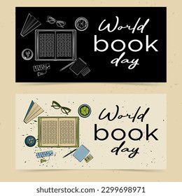 Vector illustration: Two banner with with books, a set of elements and an inscription.Simple vector illustration.