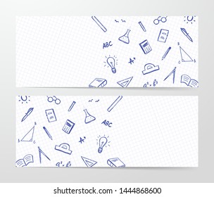 Vector illustration: Two banner with hand drawn set of doddles supplies on sheet of exercise book background