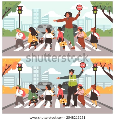 Vector illustration of two banners with children with backpacks and school bags crossing the roadway on a pedestrian crossing. Crossing safety rules. Flat cartoon style.