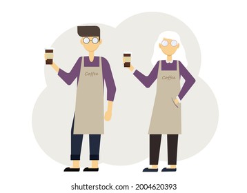 Vector illustration of two baristas man and woman with glasses of coffee and in uniform with aprons