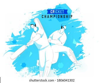 Vector Illustration of Two Batsman Character in Playing Pose on White and Blue Brush Stroke Background for Cricket Championship.