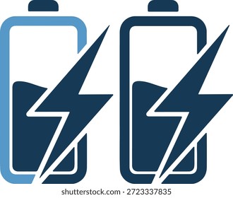 Vector illustration of two battery icons with lightning bolts, one with a light blue outline and the other with a dark blue outline, on a white background