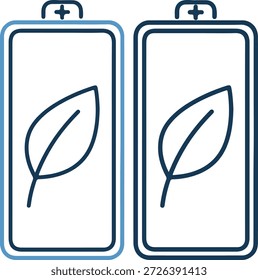 Ilustração vetorial de dois ícones de bateria com desenhos de folhas, um contornado em azul claro e o outro em azul escuro, sobre um fundo branco limpo