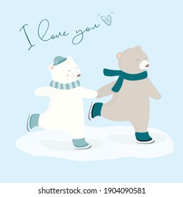 vector illustration of two bear in ice skating. two bears animal getting skating. flat design animal. animal wallpaper