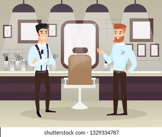 Vector illustration of two bearded barbers doing male clients haircut in barbershop.Men beauty salon barbershop concept. Barber shop interior with chair, mirrors, decore on the walls in flat cartoon