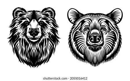 Vector illustration of two bears in the style of minimalism on an isolated background. Grizzly bear and brown bear head symbol. Calm kind bear on an isolated background.