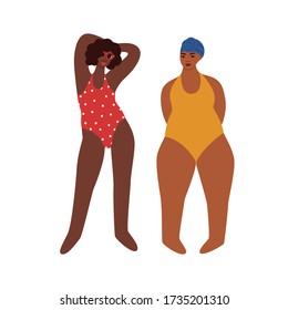 Vector illustration of two beautiful african girls in swimsuits on the beach. Cartoon drawing of black women isolated on a white background.