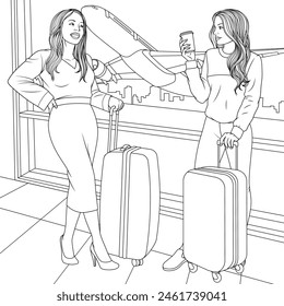 Vector illustration, two beautiful girlfriends met at the airport, traveling together, coloring book