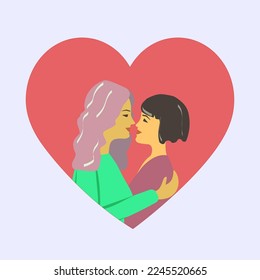 Vector illustration of two beautiful lesbian women loving each other, valentine's day on a red heart background