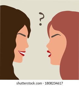 Vector illustration of two beautiful talking woman, one asks a question. Icon in nice natural colors in flat style. It can be used as design element for site, blogs, social media 