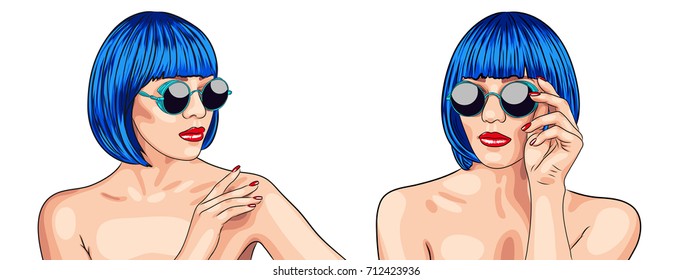 vector illustration of two beautiful women wearing blue wig. EPS