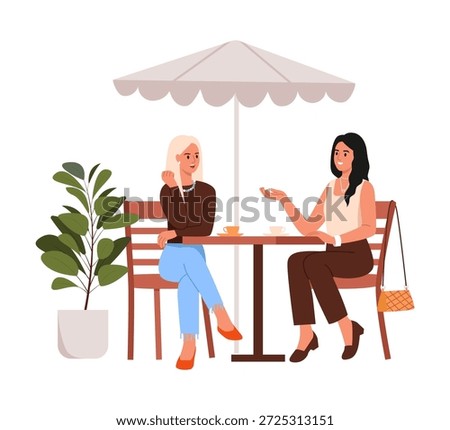 Vector illustration of two beautiful women sitting in a cafe.Cartoon scene of girls chatting at a table in a cafe under a large umbrella,cups of coffee,pot with a plant isolated on a white background.

