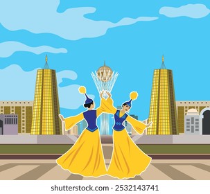 Vector illustration. Two beautiful young women dancing in Kazakh national costume on a background of ornaments and traditional Kazakh symbols. A postcard for Nauryz or Mother's Day