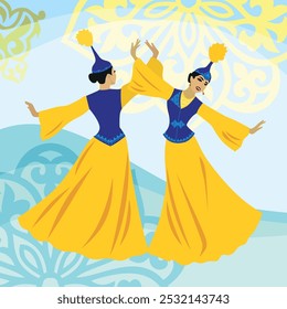 Vector illustration. Two beautiful young women dancing in Kazakh national costume on a background of ornaments and traditional Kazakh symbols. A postcard for Nauryz or Mother's Day