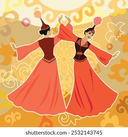 Vector illustration. Two beautiful young women dancing in Kazakh national costume on a background of ornaments and traditional Kazakh symbols. A postcard for Nauryz or Mother's Day