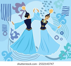 Vector illustration. Two beautiful young women dancing in Kazakh national costume on a background of ornaments and traditional Kazakh symbols. A postcard for Nauryz or Mother's Day